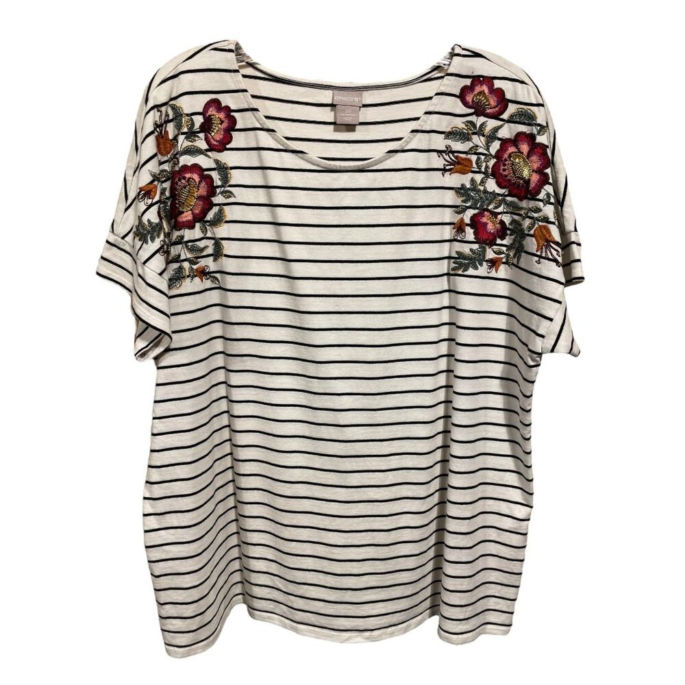 Chico's Off White‎ Black Stripe embroidered Flowers Crew neck Short Sleeve